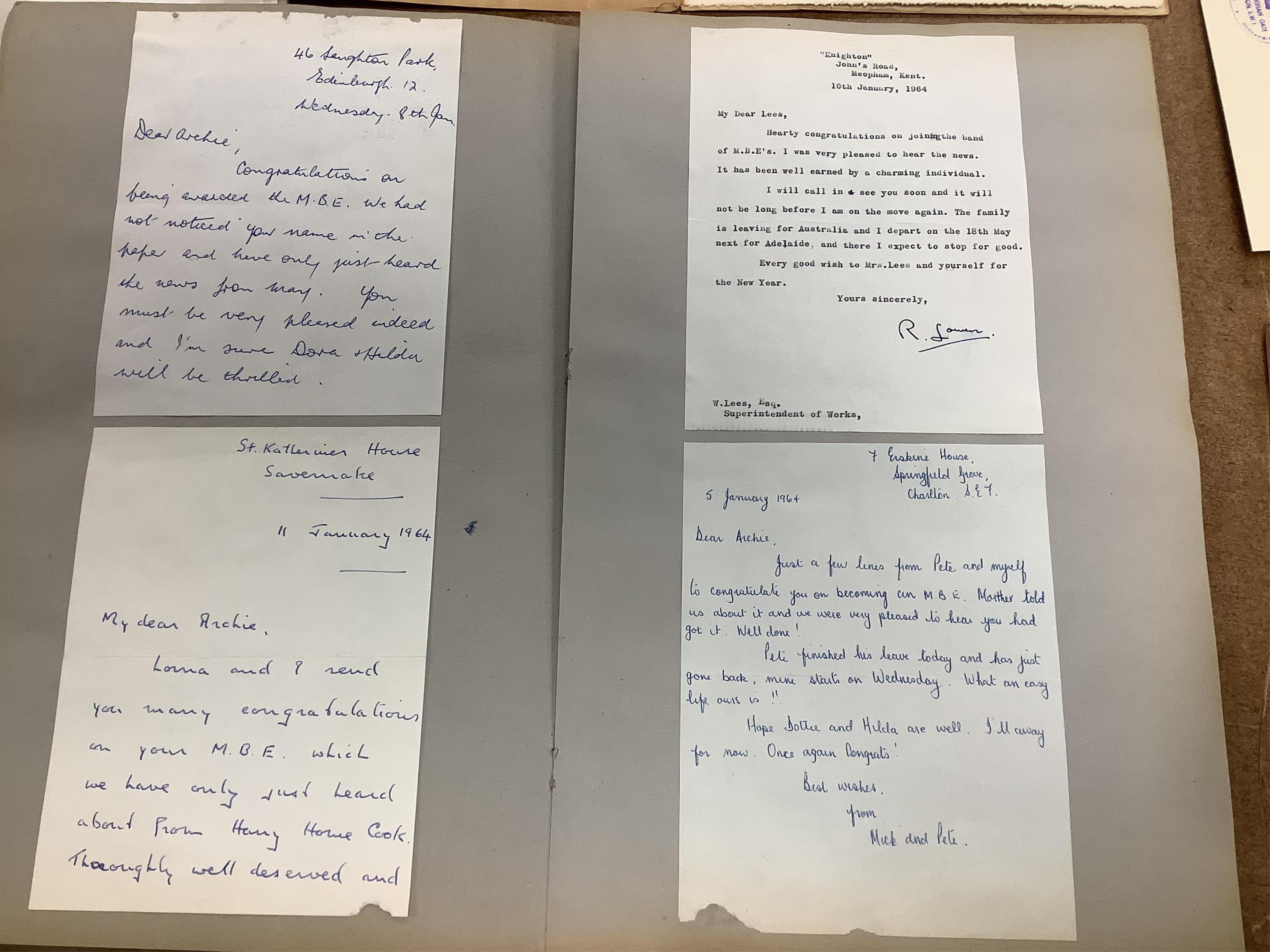 An MBE for Archibald Lees with miniature and an Imperial Service Medal for Thomas Lees, a silver coaster and silver match case with coronet over ‘E’ and ‘Holyrood 1925’ to reverse